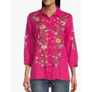 John Mark plus 1X pink embroidered boho blouse top button up shirt  new linen